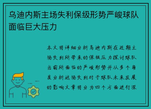 乌迪内斯主场失利保级形势严峻球队面临巨大压力