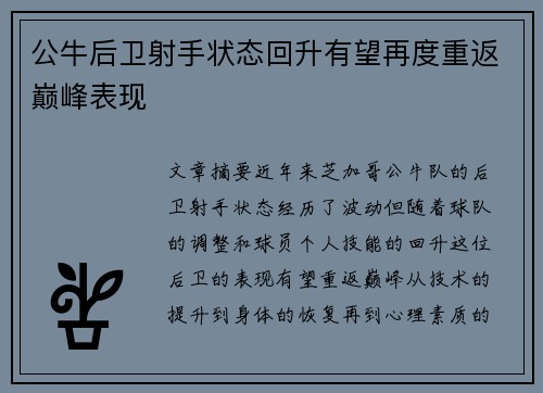 公牛后卫射手状态回升有望再度重返巅峰表现