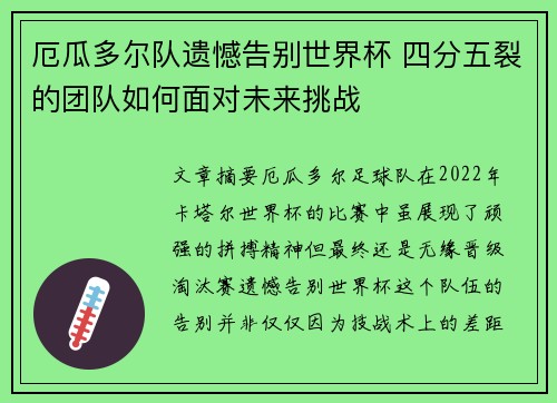 厄瓜多尔队遗憾告别世界杯 四分五裂的团队如何面对未来挑战