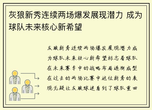 灰狼新秀连续两场爆发展现潜力 成为球队未来核心新希望