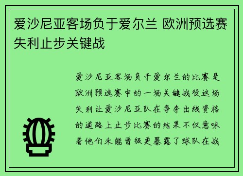 爱沙尼亚客场负于爱尔兰 欧洲预选赛失利止步关键战