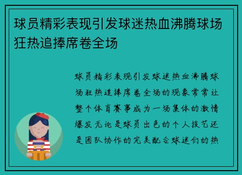 球员精彩表现引发球迷热血沸腾球场狂热追捧席卷全场