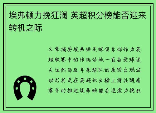 埃弗顿力挽狂澜 英超积分榜能否迎来转机之际